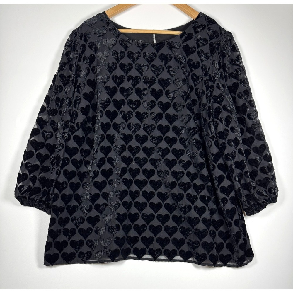 Talbots Plus Blouse Womens 2X Black Velvet Heart Sheer Puff Sleeve Top Romantic